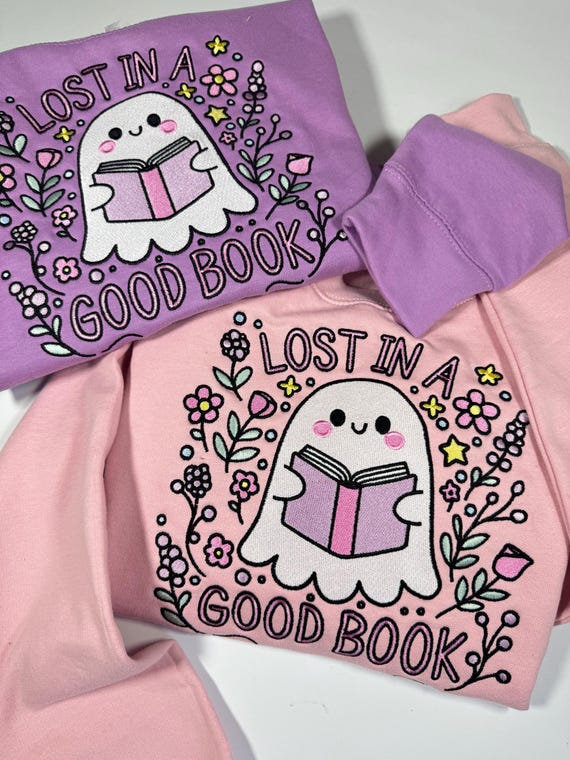 Lost in a Good Book Ghost Embroidered Sweatshirt | Book Club Apparel | Bookish & Bookworm Gifts | Book Club Jumpers | Cute Ghost Sweater