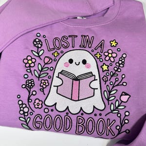 Lost in a Good Book Ghost Embroidered Sweatshirt | Book Club Apparel | Bookish & Bookworm Gifts | Book Club Jumpers | Cute Ghost Sweater