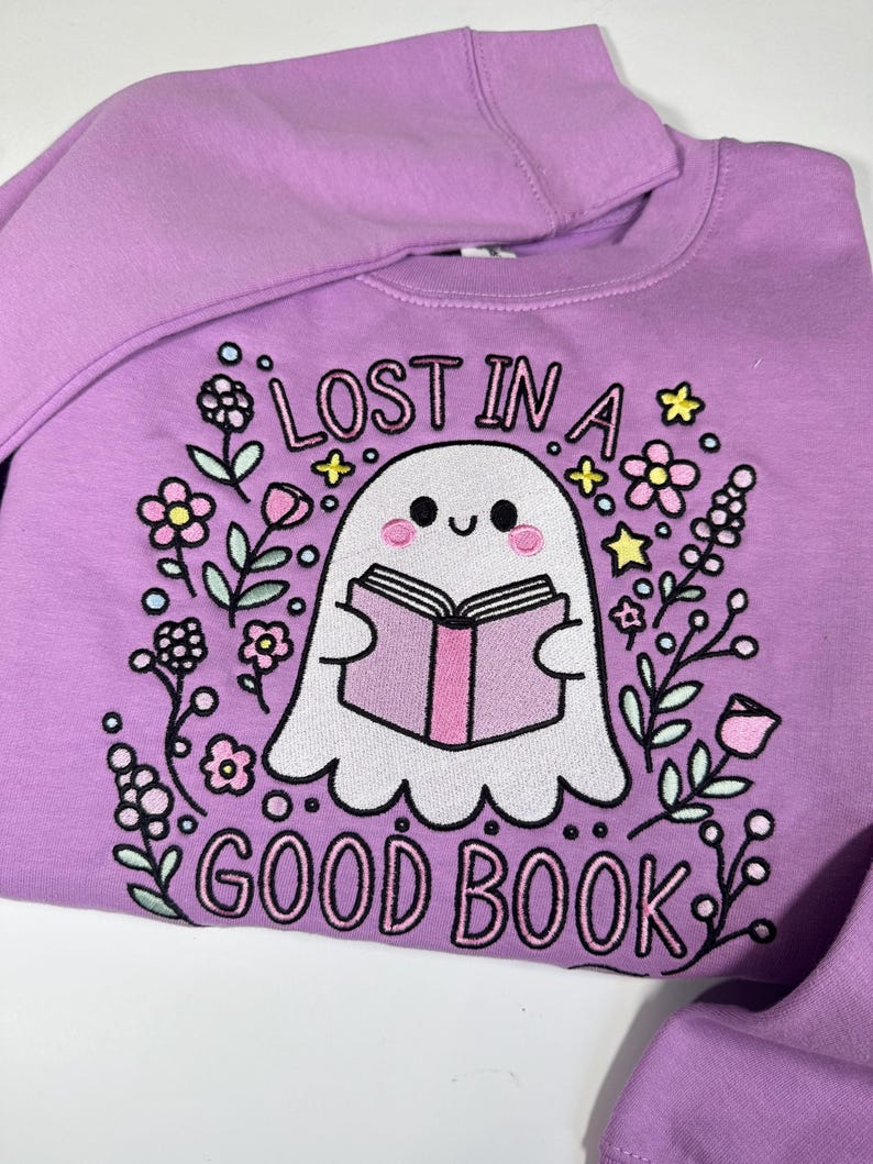 Lost in a Good Book Ghost Embroidered Sweatshirt | Book Club Apparel | Bookish & Bookworm Gifts | Book Club Jumpers | Cute Ghost Sweater