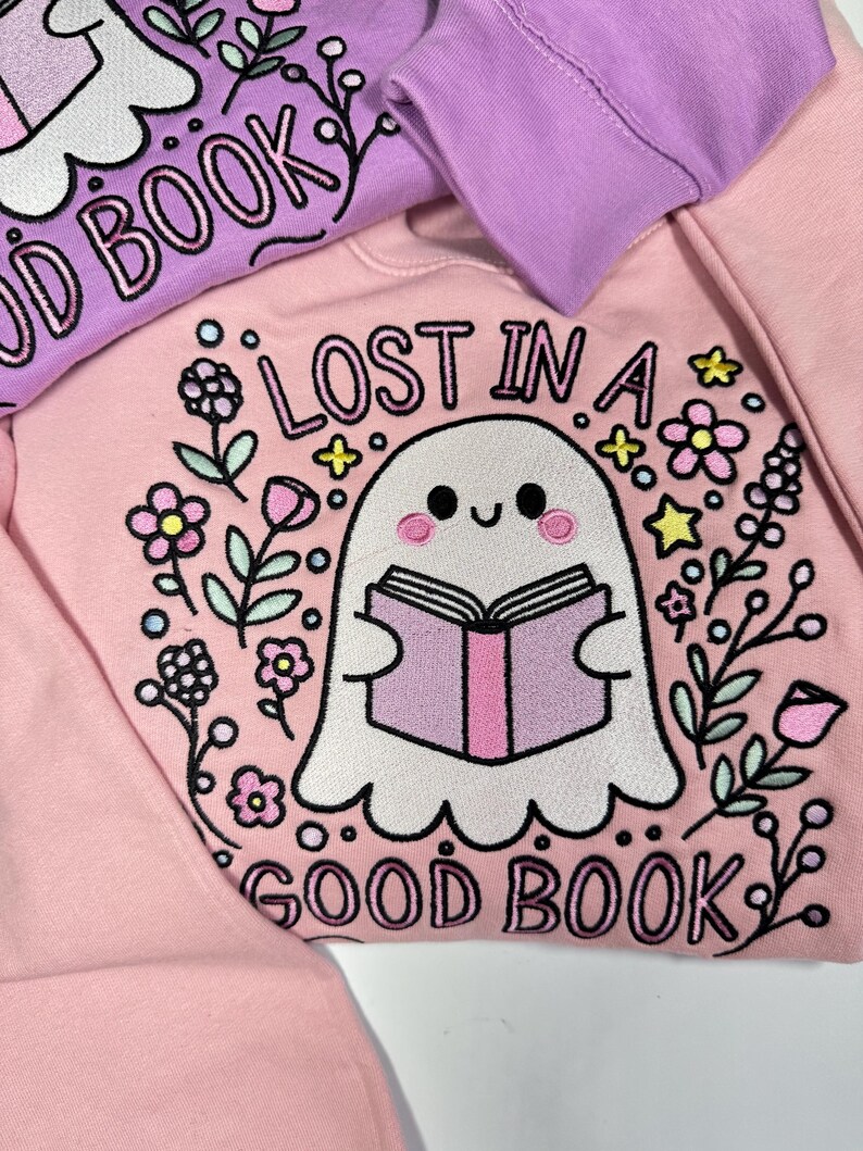 Lost in a Good Book Ghost Embroidered Sweatshirt | Book Club Apparel | Bookish & Bookworm Gifts | Book Club Jumpers | Cute Ghost Sweater