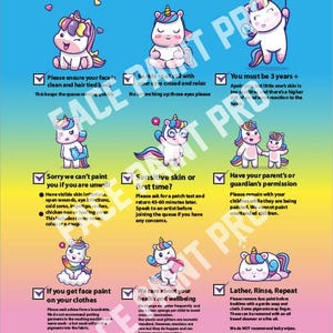 Puede incluir: Un cartel azul con una lista de verificación de pintura facial con unicornios de dibujos animados. El texto incluye restricciones de edad, pautas de salud e instrucciones de cuidado posterior.