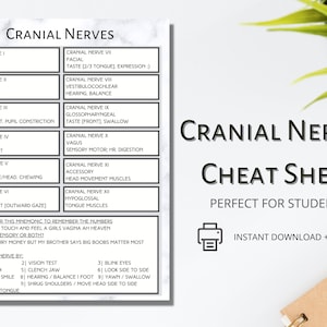 May include: A printable cheat sheet for students studying cranial nerves. The sheet lists the 12 cranial nerves, their functions, and a mnemonic to help remember them. The sheet also includes instructions for assessing each nerve.