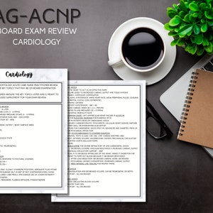 May include: A white sheet of paper with black text outlining key topics for a cardiology exam review. The text includes "AG-ACNP Board Exam Review Cardiology" and "Cardiac Output (CO)".
