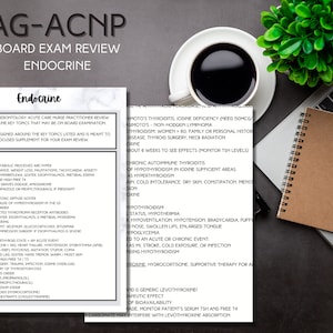 May include: A close-up of a white sheet of paper with the title "AG-ACNP Board Exam Review Endocrine" printed in black. The paper is on a dark grey surface with a laptop, a notebook, and a potted plant.