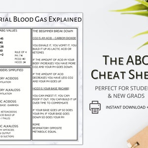 May include: A white and black cheat sheet with the title "The ABG Cheat Sheet" and the text "Perfect for students & new grads" and "Instant download + print". The cheat sheet is a guide to understanding arterial blood gas values and disorders.