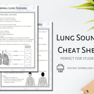 May include: A black and white printable cheat sheet for students learning about lung sounds. The cheat sheet includes diagrams of the lungs and a table of normal lung sounds, including tracheal, bronchial, vesicular, and bronchovesicular sounds. The cheat sheet also includes a section on stridor and wheezing.