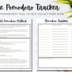 May include: A black and white printable Pomodoro Tracker with a marble background. The tracker includes a section for tasks, Pomodoro breaks, and a section to mark tasks as complete. The tracker also includes a section for notes, distractions, and reminders.