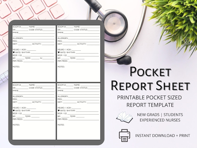 Pocket Sized Nurse Report Sheet Clinicals New Grad RN Report Template