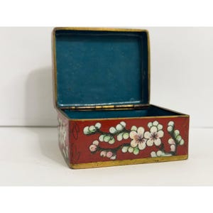 Vintage Chinese Cloisonne Enamel Trinket Box Red Cherry Blossom Butterfly Hinged