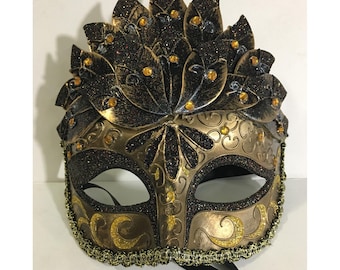 Venetian Masquerade Mask Gold Brown Glitter Feather Mardi Gras Costume Halloween