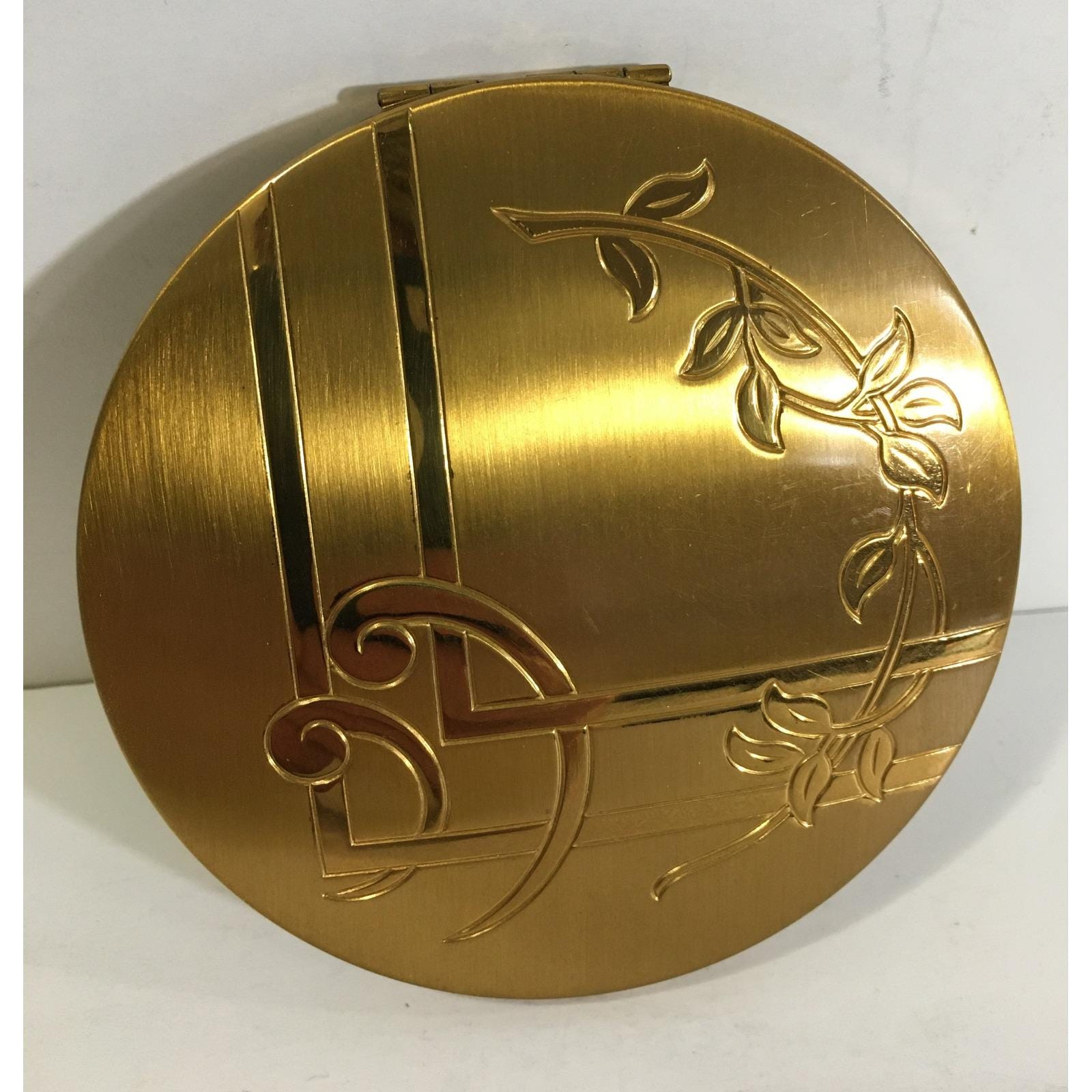 Vintage Ritz Ladies Compact Gold Leaf Pattern Round Mirror with Powder Puff