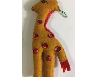 Vintage Giraffe Ornament Felt with Sequins Handmade Christmas Holiday Decor