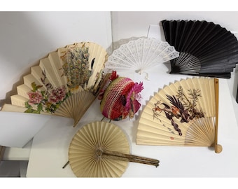 Vintage Hand Fan Lot 6pc Peacock Bird Hand Painted Bamboo Folding Lace Honeycomb