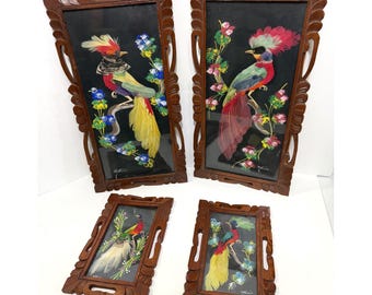 Vintage Mexican Feather Art Bird Set 4 Hand Carved Wood Frames Quetzal Folk Art
