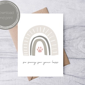 Tarjeta de condolencia para mascotas imprimible / Pérdida de perro o gato / Tarjeta de condolencia de Rainbow Bridge / Descarga instantánea PDF PNG JPG