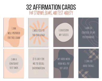 May include: Set of 32 affirmation cards with various pastel colored backgrounds and abstract shapes. The cards feature positive affirmations for studying, exams, and test anxiety.  The text on the cards includes phrases like "I am well-prepared for this exam", "I will rise to the challenge", "I am a confident test taker", "It is easy for me to recall information", "I envision my success", "I am in control of my performance", "My hard work now will pay off later", and "I can do hard things".
