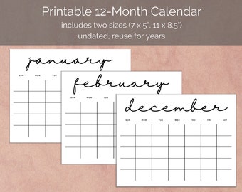 Printable Blank Monthly Calendar | Undated Calendar Printable | Desk Calendar | Printable Perpetual Calendar | Minimalist Calendar