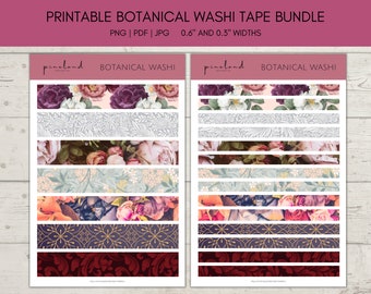 Printable Floral Washi Tape Set | Botanical Washi Tape Stickers | 0.6" and 0.3" Washi Tape Bundle | Instant Digital Download PDF PNG JPG