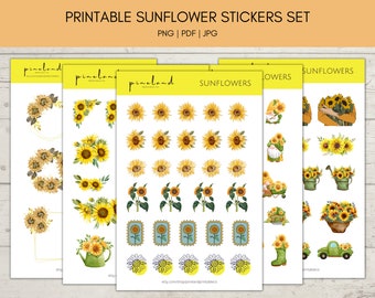 Sunflower Printable Stickers Sheet | Printable Floral Stickers Bundle | Planner, Laptop Stickers | Ukraine Sunflower | PNG PDF JPG Download