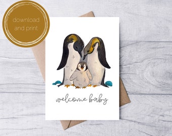 Gender Neutral Newborn Baby Card | Welcome Baby Shower Card with Baby Animals | Penguin Baby Shower Card | Instant Download PDF PNG JPG