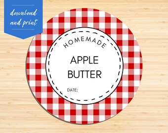 Printable Gingham Apple Butter Canning Jar Labels | 2" x 2" Round Tags for Mason Jars | Sticker for Jar Lids | Digital Download