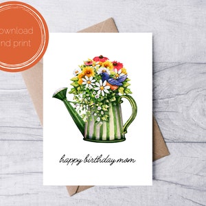 Tarjeta de felicitación de cumpleaños para mamá - Imprimible / Tarjeta digital de feliz cumpleaños con plantas de acuarela / Descargar / PDF PNG JPG