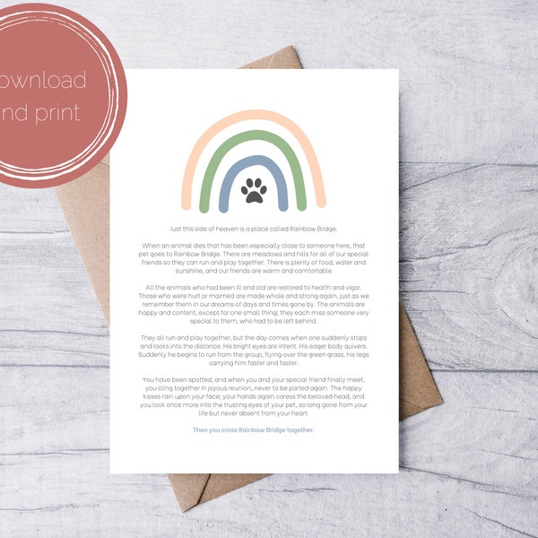 Rainbow Bridge Poem Printable Pet Sympathy Card | Loss of Dog | Loss of Cat | Loss of Pet | Instant Digital Download