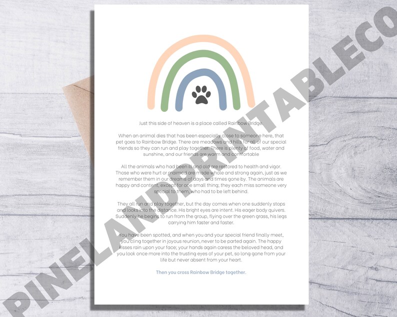 Rainbow Bridge Poem Printable Pet Sympathy Card | Loss of Dog | Loss of ...