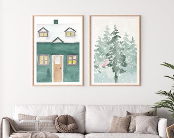 Farmhouse Christmas Printable Wall Art Set | Watercolor Christmas Tree Wall Art | Hygge Christmas | Instant Digital Download