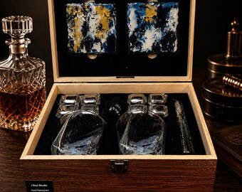 Luxury Whiskey Gift Set with Hand Painted Art Coasters. Blue, white & Gold. Father’s Day gift.