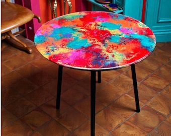 Hand-Painted Resin Side Table: Vibrant Abstract Art Ife Series, Heat Resistant, 40cm
