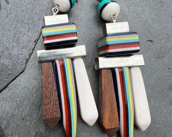 Multi coloured statement wood and resin chandelier earrings - 9cm (3.5inches) drop