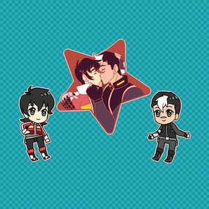 May include: Two cartoon characters, one with black hair and the other with white hair, are shown in a star-shaped frame. The characters are kissing. The frame is red with a white outline. Below the frame are two more cartoon characters, one with black hair and the other with white hair. Both characters are wearing black jackets and pants.