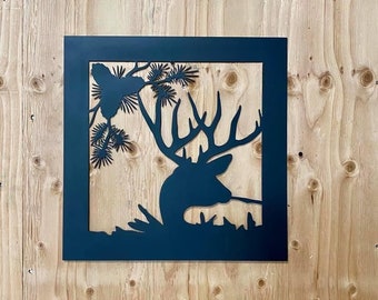 Metal Sign, Mule Deer Buck, Pine Cones, Square, Cabin Decor