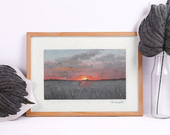 Original watercolor artwork - Late sunset on the lake