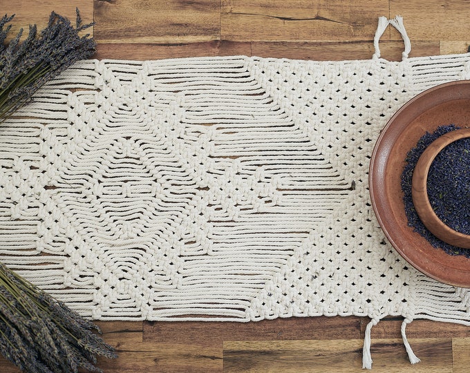 Macrame Table Runner, Handmade Macrame Dining Table Runner with Tassels – Natural Off White Cotton Unique Woven Design for Rustic Long Table