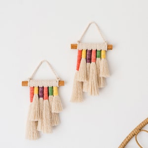 Close up view of two rainbow mini wall hangings