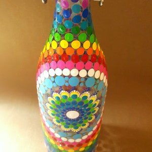Mandala wine bottle, dot art painting, painted glass bottles, rainbow artwork, bottle decor, boho artwork, Christmas gift, gifts for her