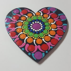 Mandala magnet, dot art magnet, rainbow heart, boho artwork, kitchen magnets for refrigerator, Christmas stocking stuffer, gift for her