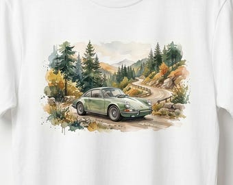 Classic Sports Car Shirt, Vintage European Auto Tee, Watercolor Mountain Drive Graphic, Retro Car Enthusiast Gift, Old Money Aesthetic