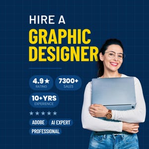 Pode incluir: Um anúncio gráfico azul escuro com o texto HIRE A GRAPHIC DESIGNER em amarelo. Exibe uma classificação de 4,9, 7300+ vendas, 10+ anos de experiência e etiquetas Adobe, AI Expert e Professional, ao lado de uma pessoa segurando um laptop.