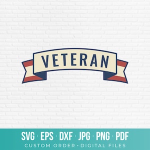 May include: A digital graphic design featuring a cream-colored banner with dark blue outlines and red accents. The word VETERAN is printed in bold, dark blue, sans-serif capital letters across the center of the banner. The design is presented on a white brick background.