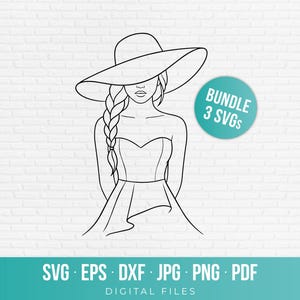 Pode incluir: Uma ilustração de arte linear em preto e branco de uma pessoa usando um chapéu de aba larga e um vestido sem alças com um penteado trançado. Um emblema circular azul-petróleo exibe o texto BUNDLE 3 SVGs, e o texto inferior diz SVG EPS DXF JPG PNG PDF DIGITAL FILES.