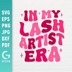 Könnte beinhalten: Rosa und rote Textgrafik mit den Worten "In My Lash Artist Era" mit Sternen auf beiden Seiten der Wörter "In" und "Era".