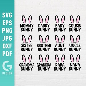 Familie Bunny SVG, Paas bijpassende outfits Png, Mommy Daddy Baby Bundle Sublimatie, Egg Hunting Squad Oren Cut Files Cricut Silhouette