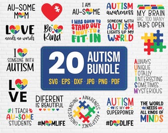 20 Autism SVG Bundle, Autism Awareness SVG, Neurodiversity Cut Files for Cricut Silhouette, Mom Dad Teacher, Commercial Use Digital Download