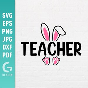 Pode incluir: Gráfico preto e branco da palavra "TEACHER" com orelhas de coelho rosa e pegadas.