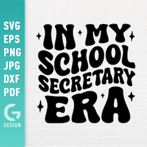 May include: Black and white graphic design with the text "In My School Secretary Era" in a retro font style.