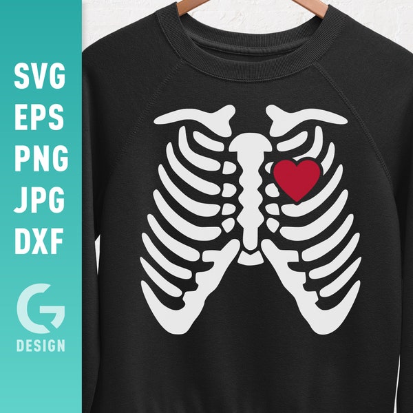 Skeleton Chest SVG File Png Jpg, Dxf, Easy to Cut Files, Rib Cage with Heart Cutting File for Cricut Silhouette, Digital File