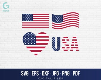 American Flag SVG Bundle, USA Heart PNG, Wavy Flag Cut File for Cricut Silhouette, Patriotic 4th of July Design, Memorial Day Commercial Use